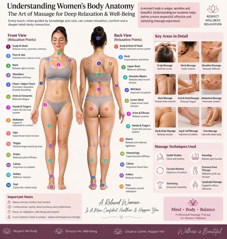 Women’s body anatomy showing massage and relaxation points, front and back views