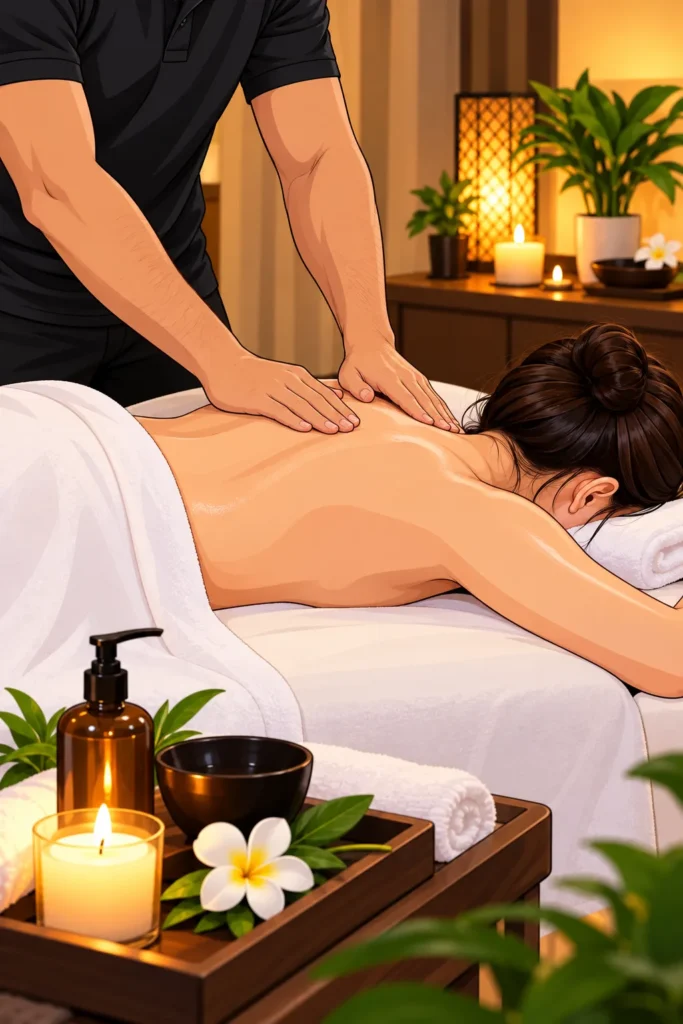 Professional male massage therapist giving a back massage to a woman at home in Hyderabad, with towel coverage